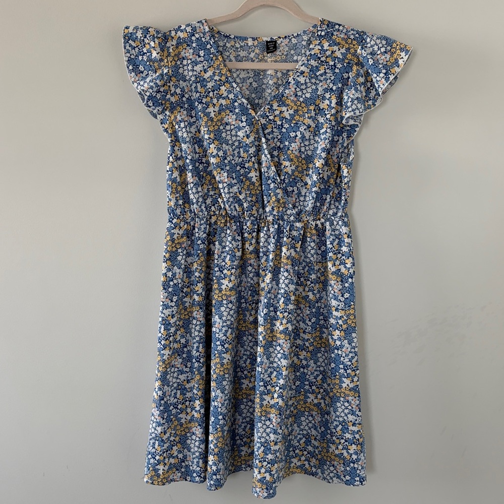 SHEIN Blue and White Floral Midi Dress with Yellow Accents